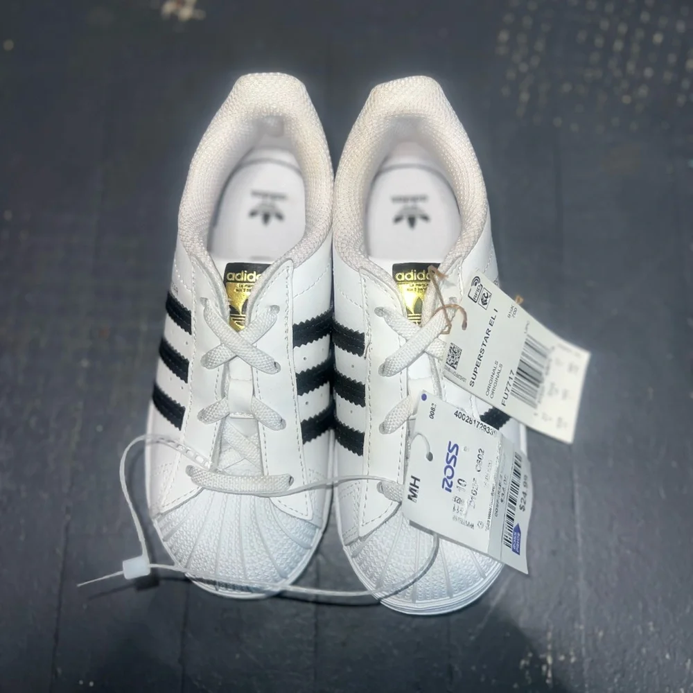 adidas Kids White and Black Shell Toe Sneakers - Picture 2 of 4